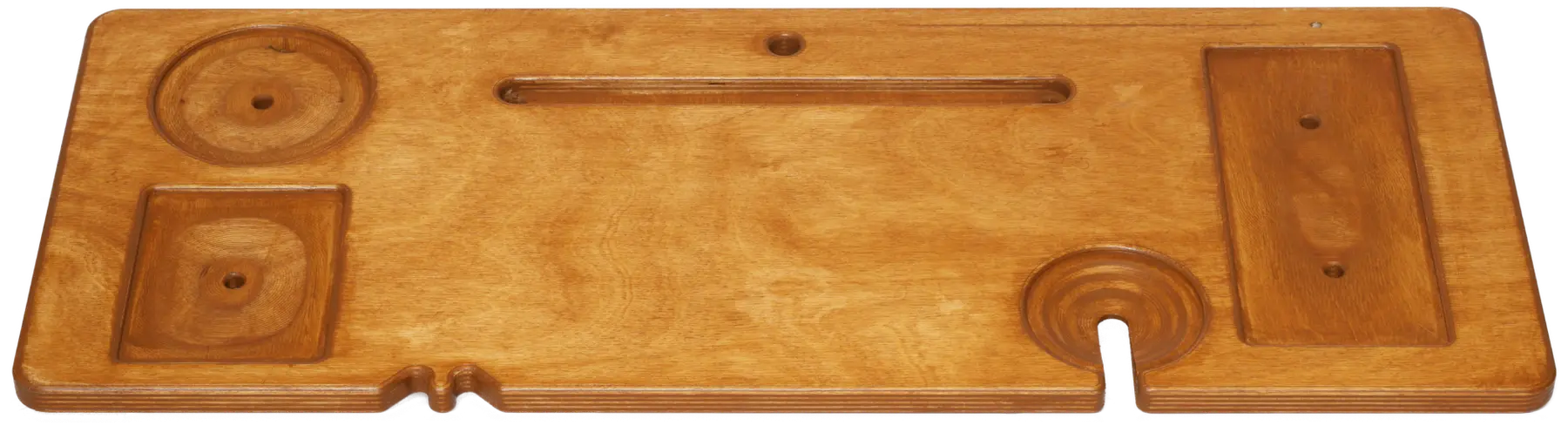 The Waverley Bath Board in Cognac, seen from above: draining soap and candle trays, wine glass notch, and tablet groove.