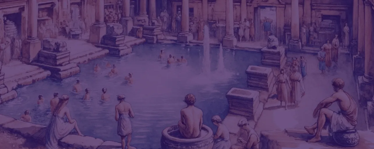 Illustration of bathers in a Roman bath house, tinted purple